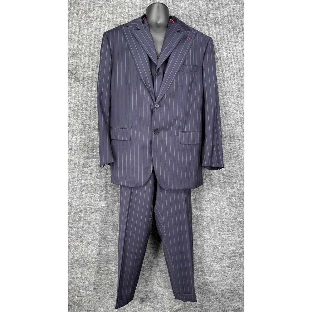 Isaia Sanita Super 140s Wool Suit Mens 48 US /58 EU Blue Pinstripe 3 Piece Italy